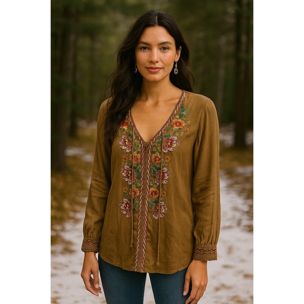 Sundance Women's Satin Cupro Tan Embroidered Boho Blouse- Size Small